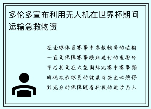 多伦多宣布利用无人机在世界杯期间运输急救物资 多伦多宣布利用无人机在世界杯期间运输急救物资
